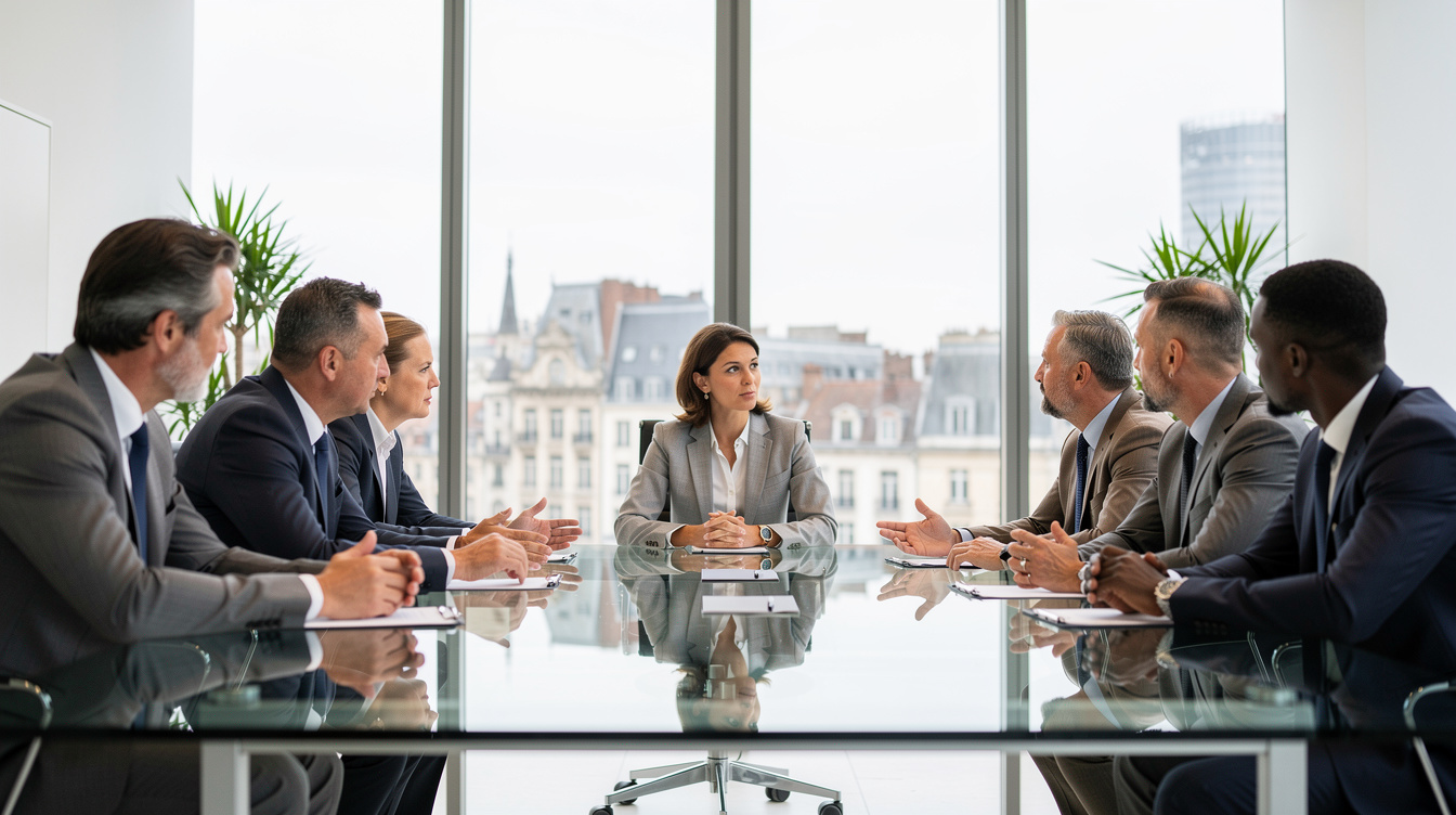 Executives discussing strategy in a modern boardroom